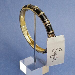 Rope Pattern Rhinestone Black Enamel Hinge Bangle Clamper Bracelet Gold Tone